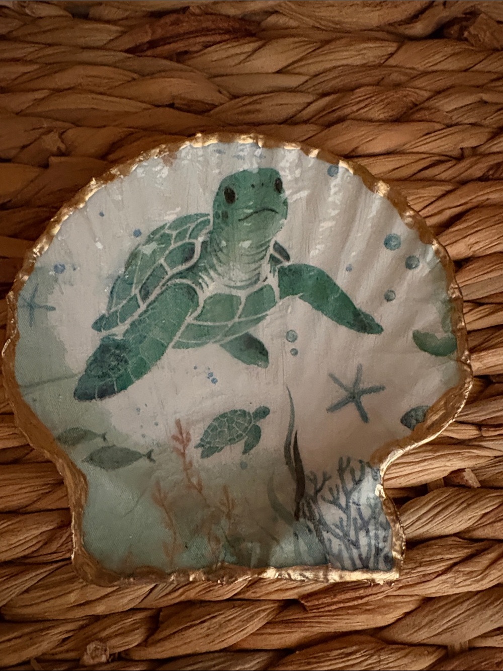 Sea Turtle Decorative Trinket Dish in shades of green with Gold Edge